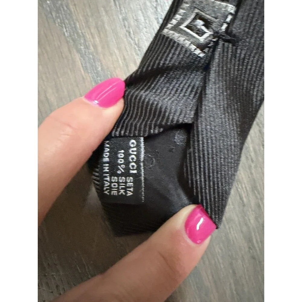 GUCCI Black Silver Geometric Square G Logo Woven Silk Mens Neck Tie Italy Auth